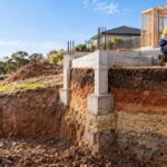 Soil layers and house foundation at construction site