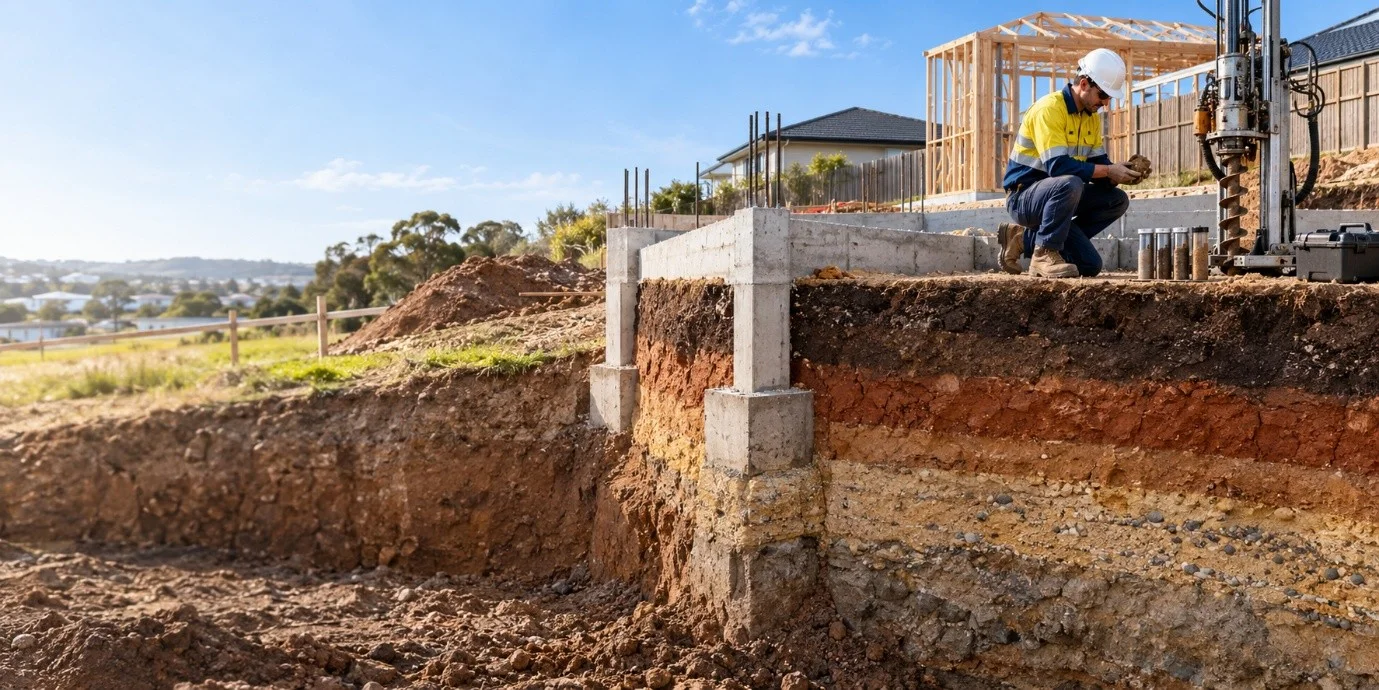 Soil layers and house foundation at construction site